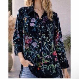 🌷Soft Surroundings Velvet Floral Button Down Blouse In Teal M Romantic Boho Top